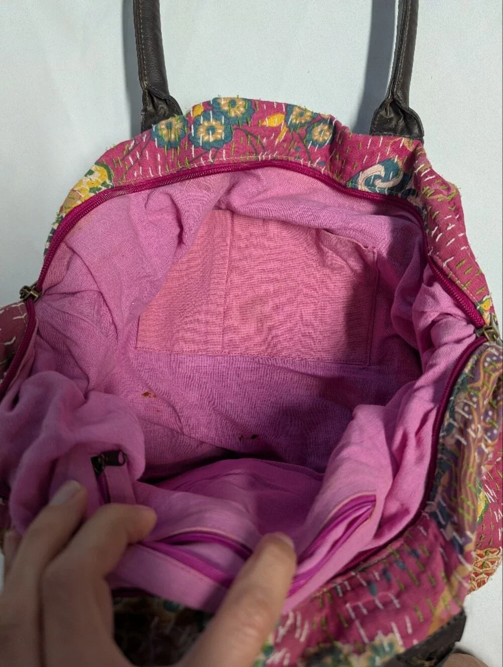 Vintage Quilted Floral Kantha Tote with Multicolor Accents + Leather Straps